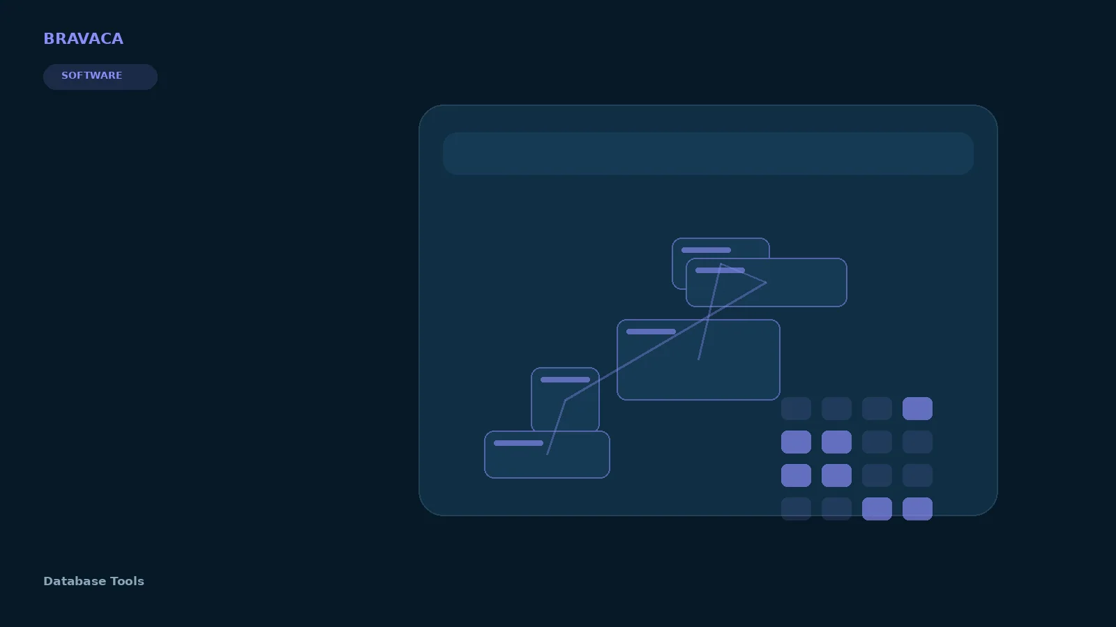 Bravaca visual explaining database tools through search, systems, workflow and commercial outcomes.