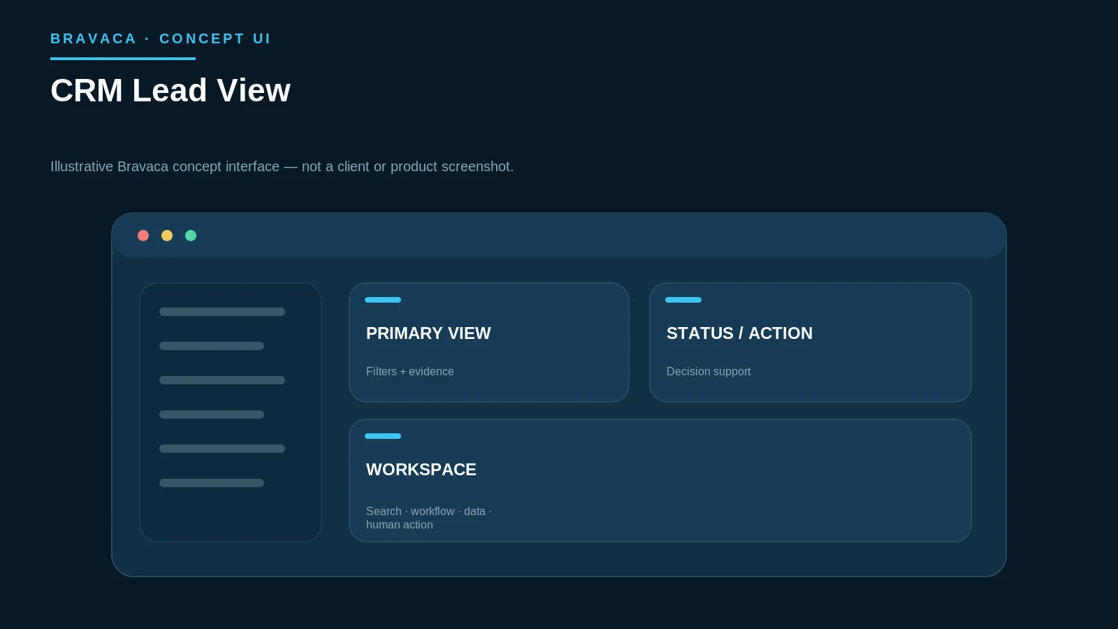 Illustrative Bravaca concept interface for crm lead view.