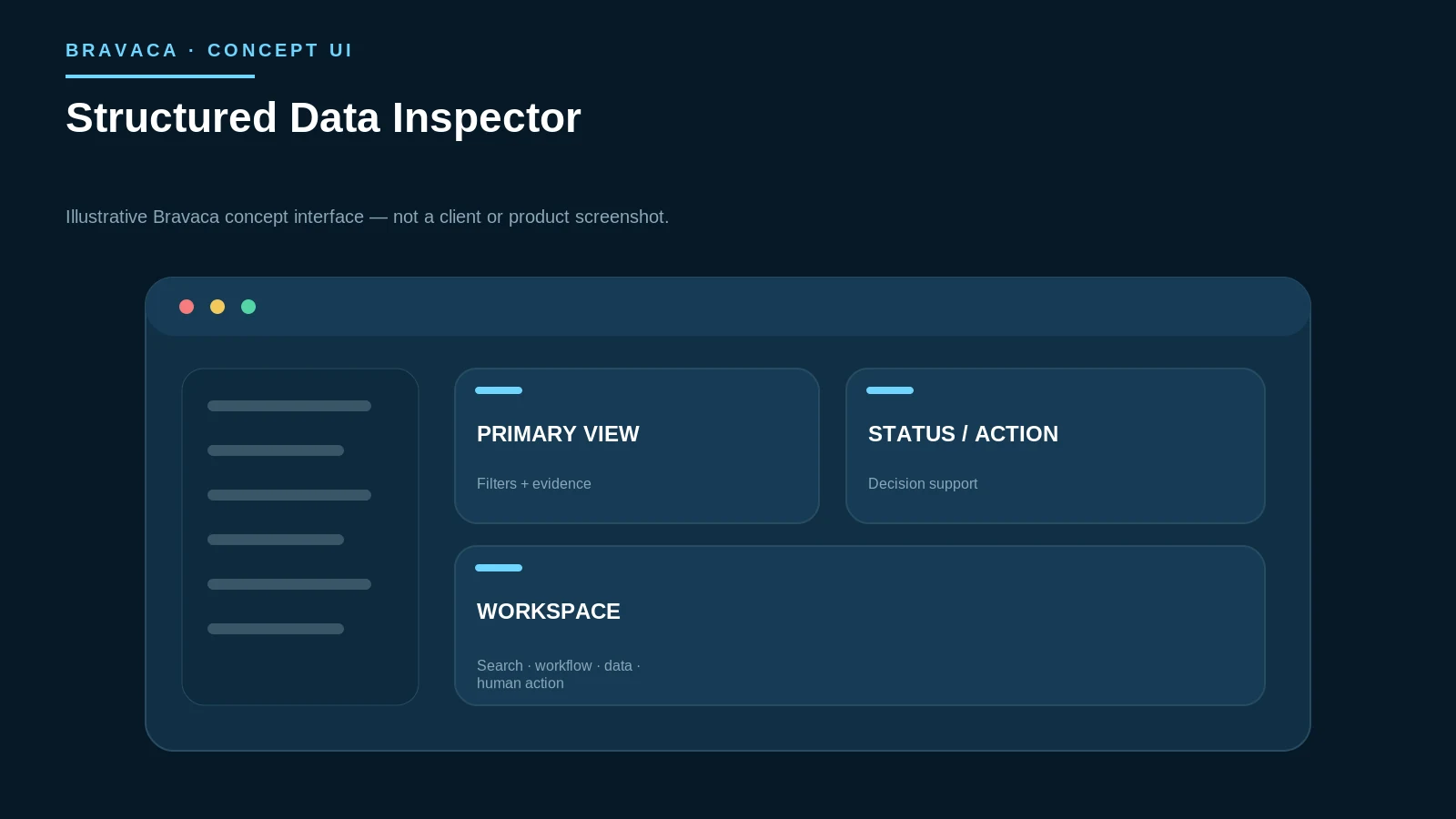 Illustrative Bravaca concept interface for structured data inspector.